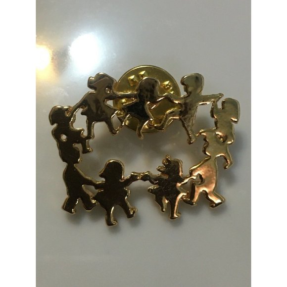 Children Holding Hands Playing Ring Around Rosey Gold Toned CTPM Collectible Pin - Picture 2 of 5